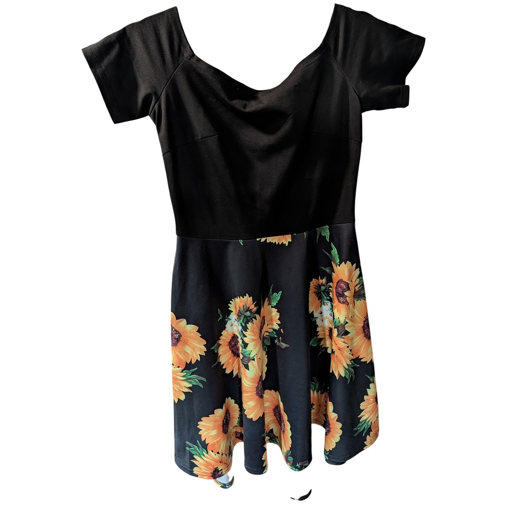 Sarin Mathews Sunflower Print Skater Dress Off Shoulder Mini Womens S